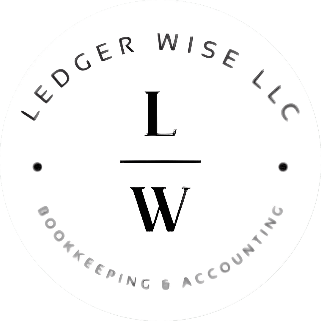 A white circle with the words ledger wise llc on it.