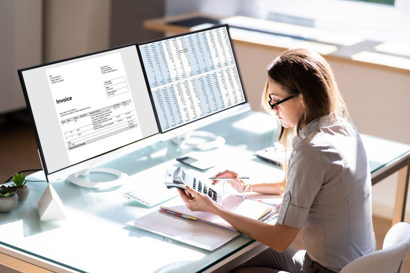 Person working at desk with dual monitors.